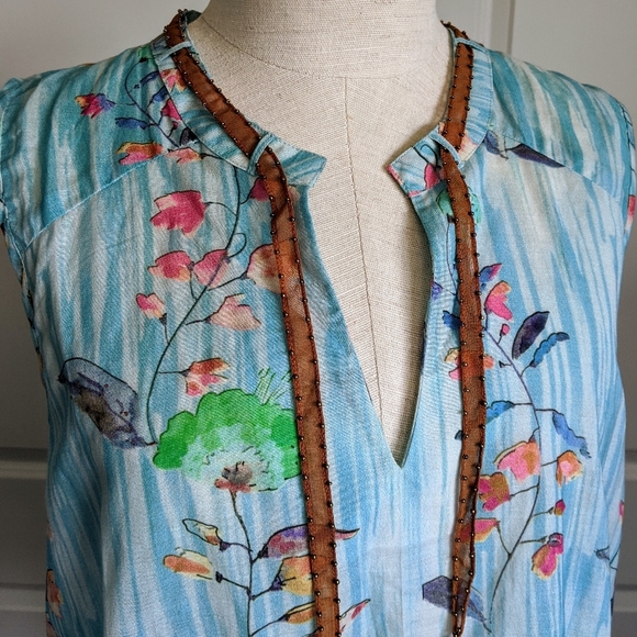 Aratta Sleeveless Top Neck Tie Closure Tassel Lightweight Floral Blue XL NWT - Picture 3 of 16